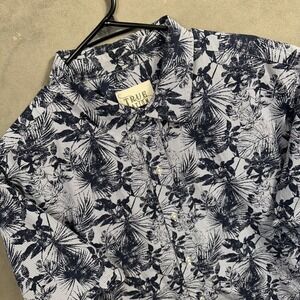 True Nation Button Up Shirt Mens 2XL Blue Tropical Palm Stripe Short Sleeve Exce